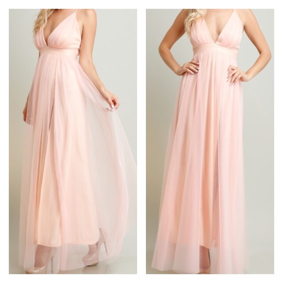 Baby Pink V Neck Flowy Tulle Gown - Picture 2 of 3